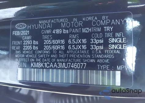 2021 Hyundai Kona Se z USA, uszkodzony, nr VIN KM8K1CAA3MU746077